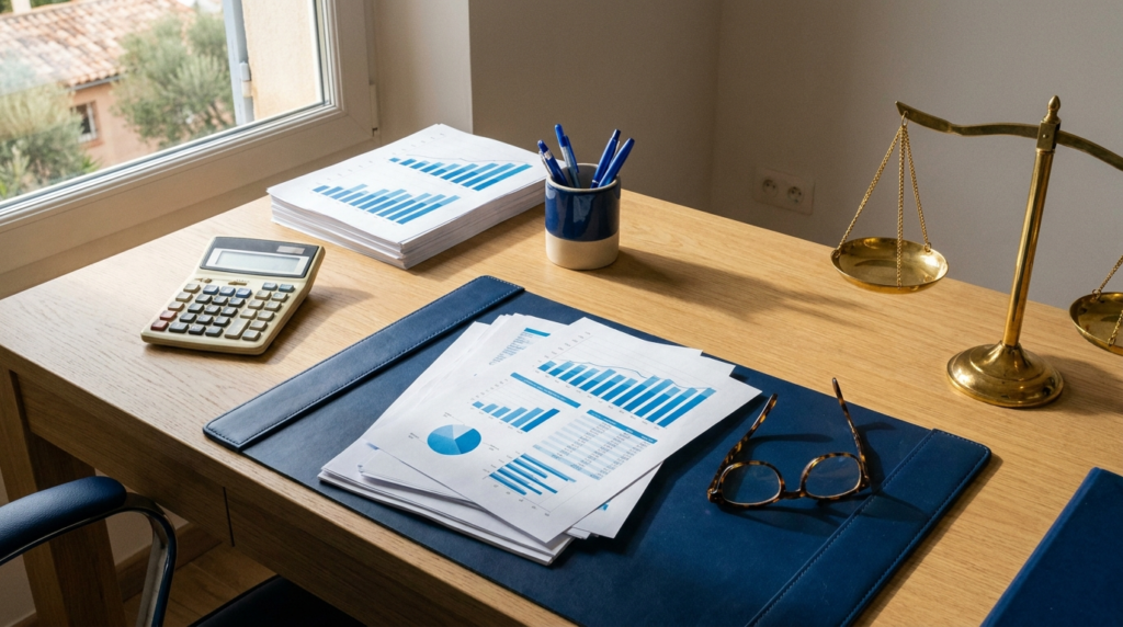 Escritorio de abogado con calculadora y tablas del baremo de accidentes de tráfico 2026 en Alicante