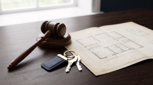Comprar una vivienda ocupada en subasta judicial: mazo, llaves y plano de un piso sobre la mesa de un despacho
