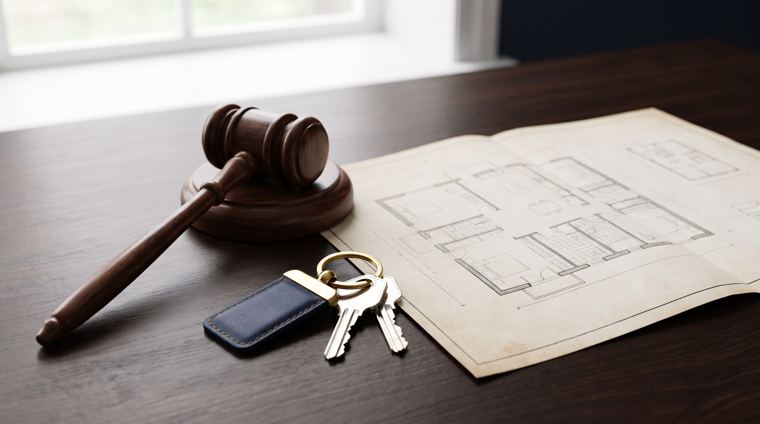 Comprar una vivienda ocupada en subasta judicial: mazo, llaves y plano de un piso sobre la mesa de un despacho