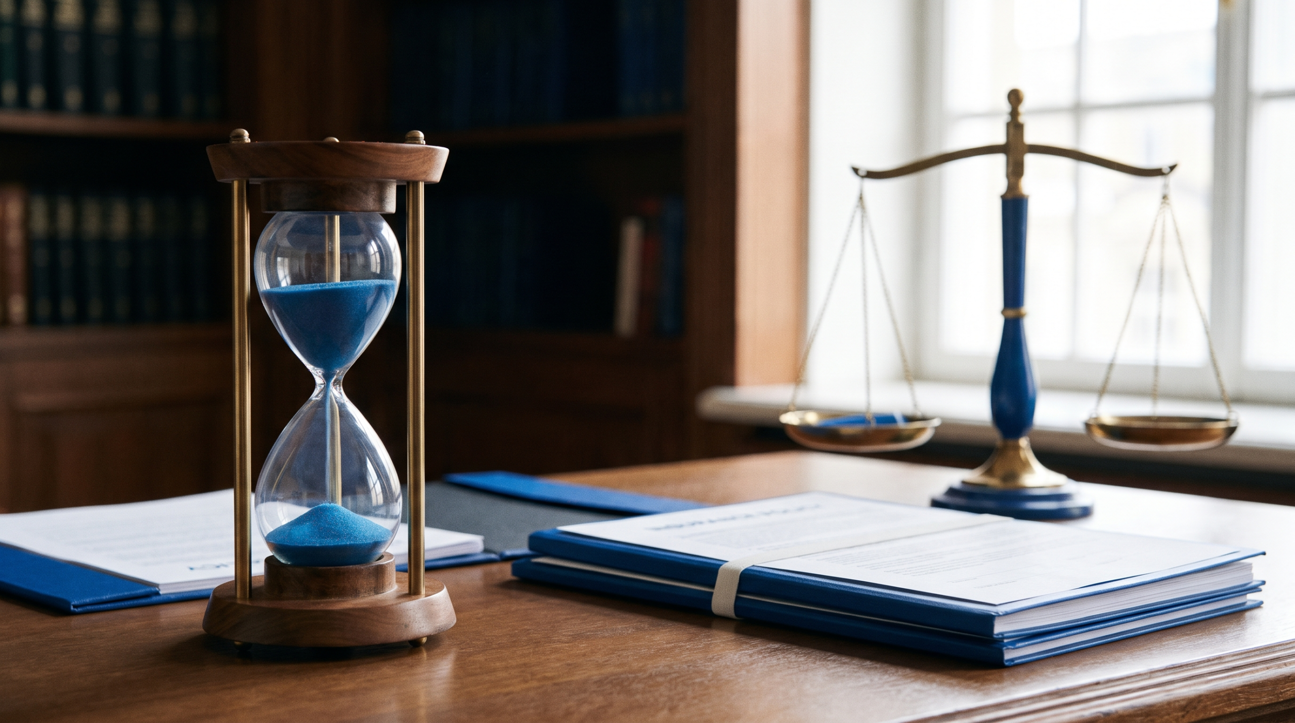 Intereses de demora de la aseguradora: reloj de arena junto a una póliza de seguro y una balanza de la justicia