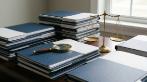 Retracto de crédito litigioso: expedientes de préstamos, lupa y balanza en un despacho de abogados en Alicante