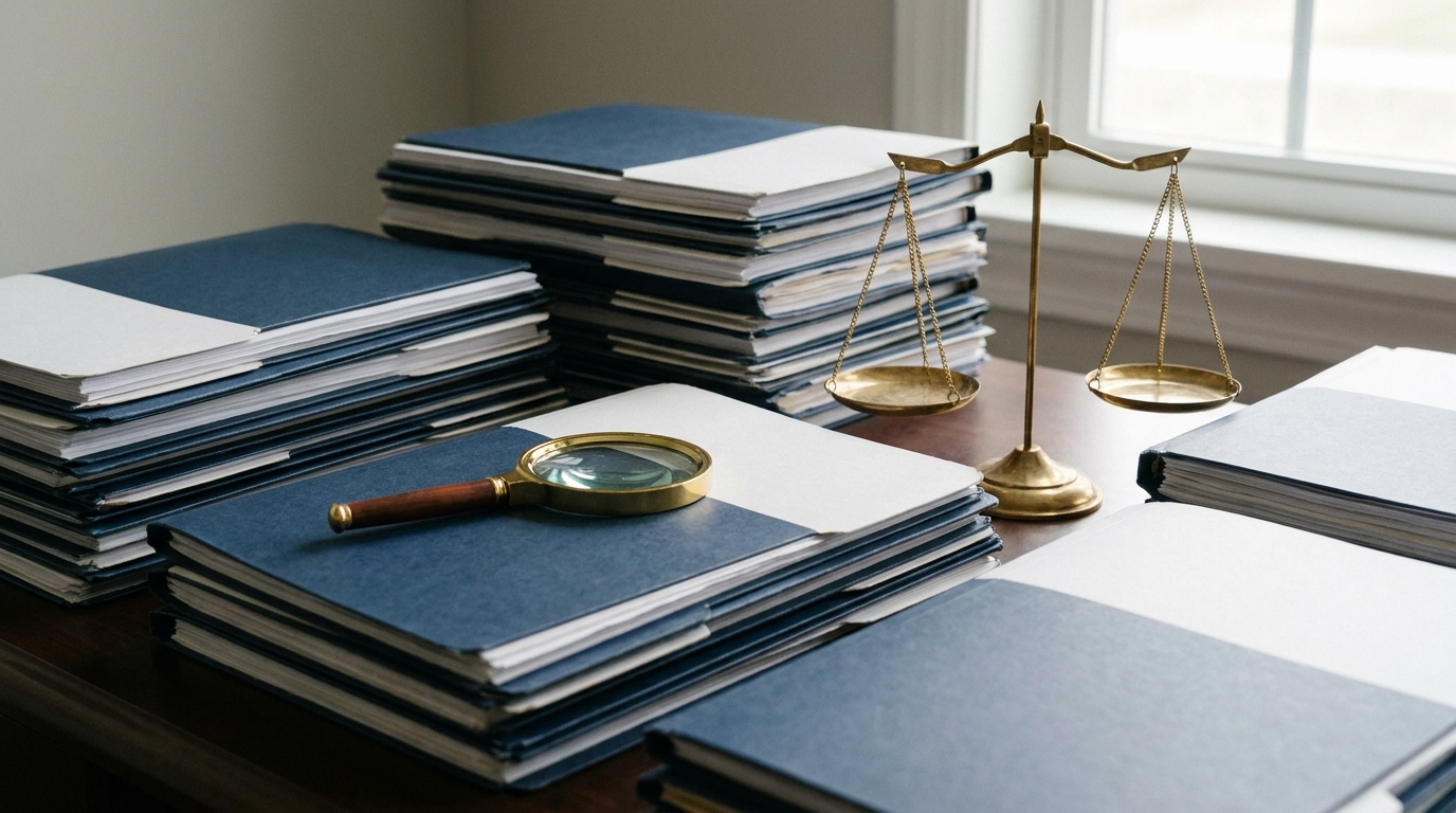 Retracto de crédito litigioso: expedientes de préstamos, lupa y balanza en un despacho de abogados en Alicante
