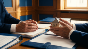 Segunda oportunidad sin perder la vivienda habitual: manos protegiendo una pequeña casa sobre documentos legales