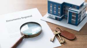 Nota simple registral y lupa sobre un escritorio con llaves de vivienda