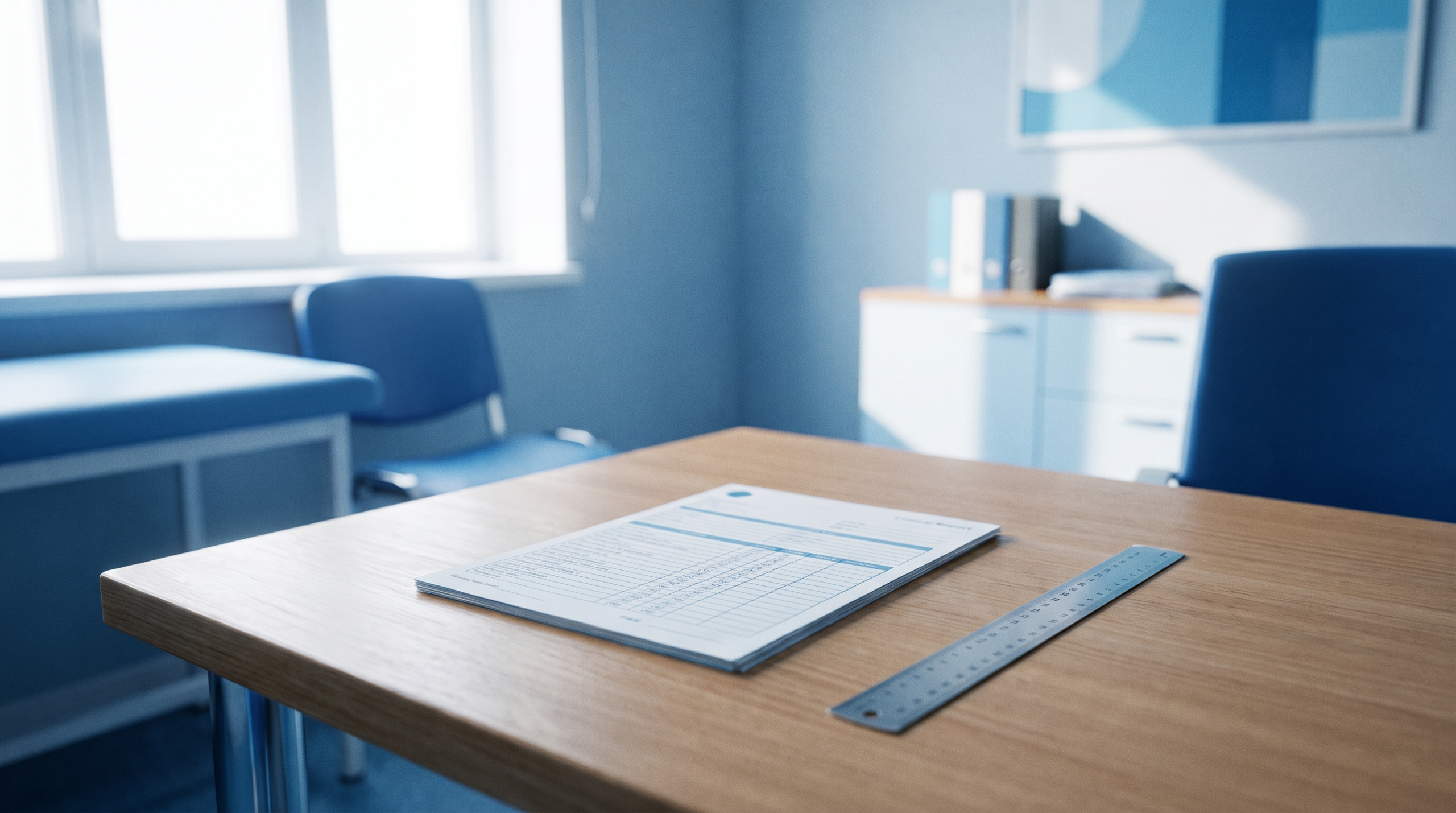 Informe clínico y regla de medición en una consulta médica, perjuicio estético tras un accidente de tráfico