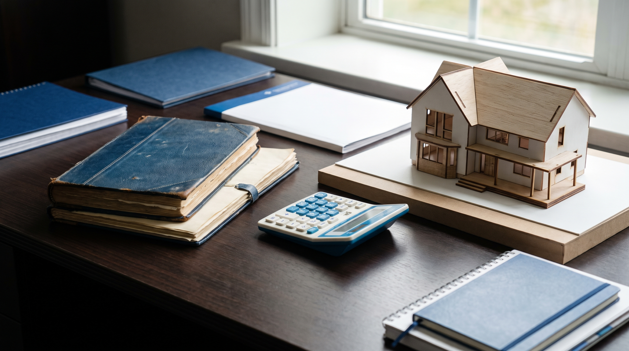 Plusvalía municipal de una herencia: escrituras, calculadora y maqueta de vivienda en un despacho de abogados en Alicante