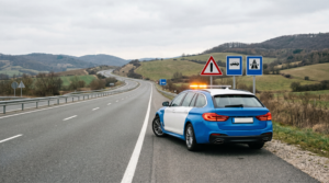 Accidente de tráfico en el extranjero: carretera europea con señalización internacional