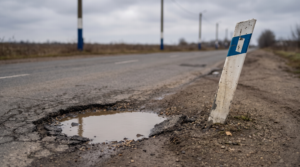 Bache profundo en una carretera secundaria, ejemplo de accidente por bache para reclamar a la Administración