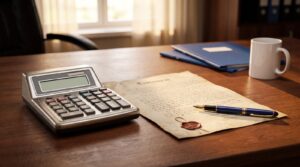 Como se calcula la legitima de los hijos: testamento y calculadora sobre un escritorio