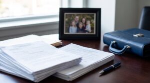 Documentos judiciales sobre una mesa de despacho en un caso de modificacion de medidas de custodia en Alicante
